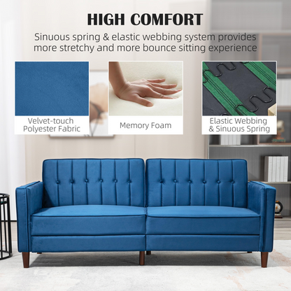 Convertible Sofa Futon Velvet-Touch Tufted Couch Sofa Bed Split Back Blue