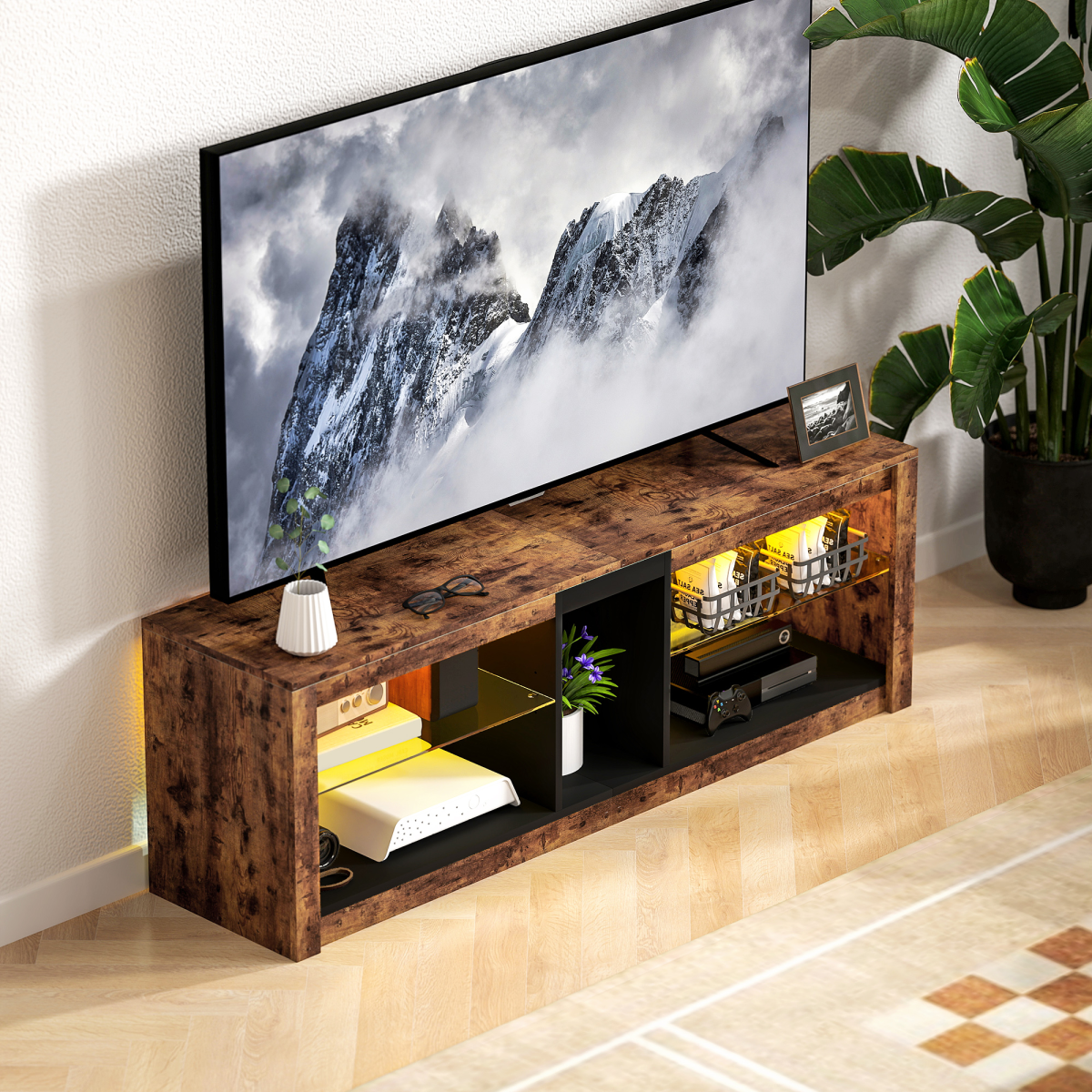 HOMCOM Rustic TV Stand with 7-Color LED Lights, 140cm Top (65in)