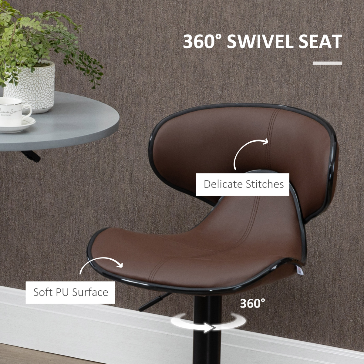 Set of 2 Gas Lift Bar Stools with Backrest, Footrest, Brown Faux Leather