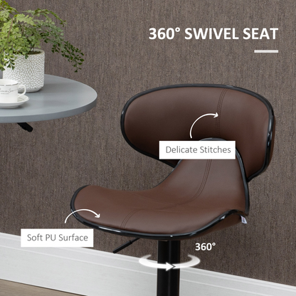 Set of 2 Gas Lift Bar Stools with Backrest, Footrest, Brown Faux Leather