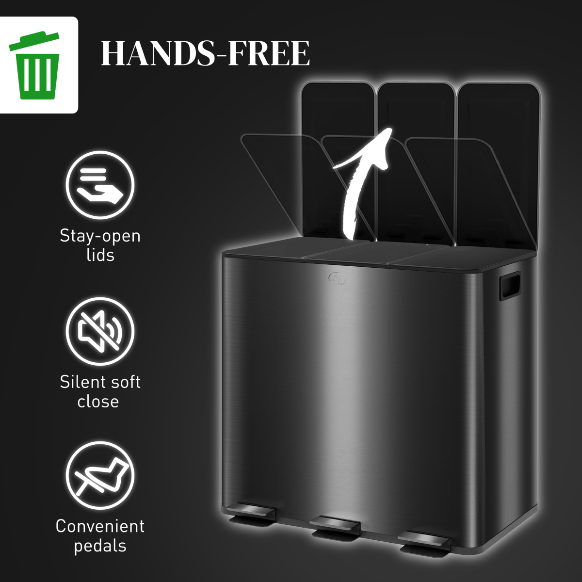 HOMCOM 3 x 15L Triple Kitchen Bin Pedal - Stainless Steel, Black