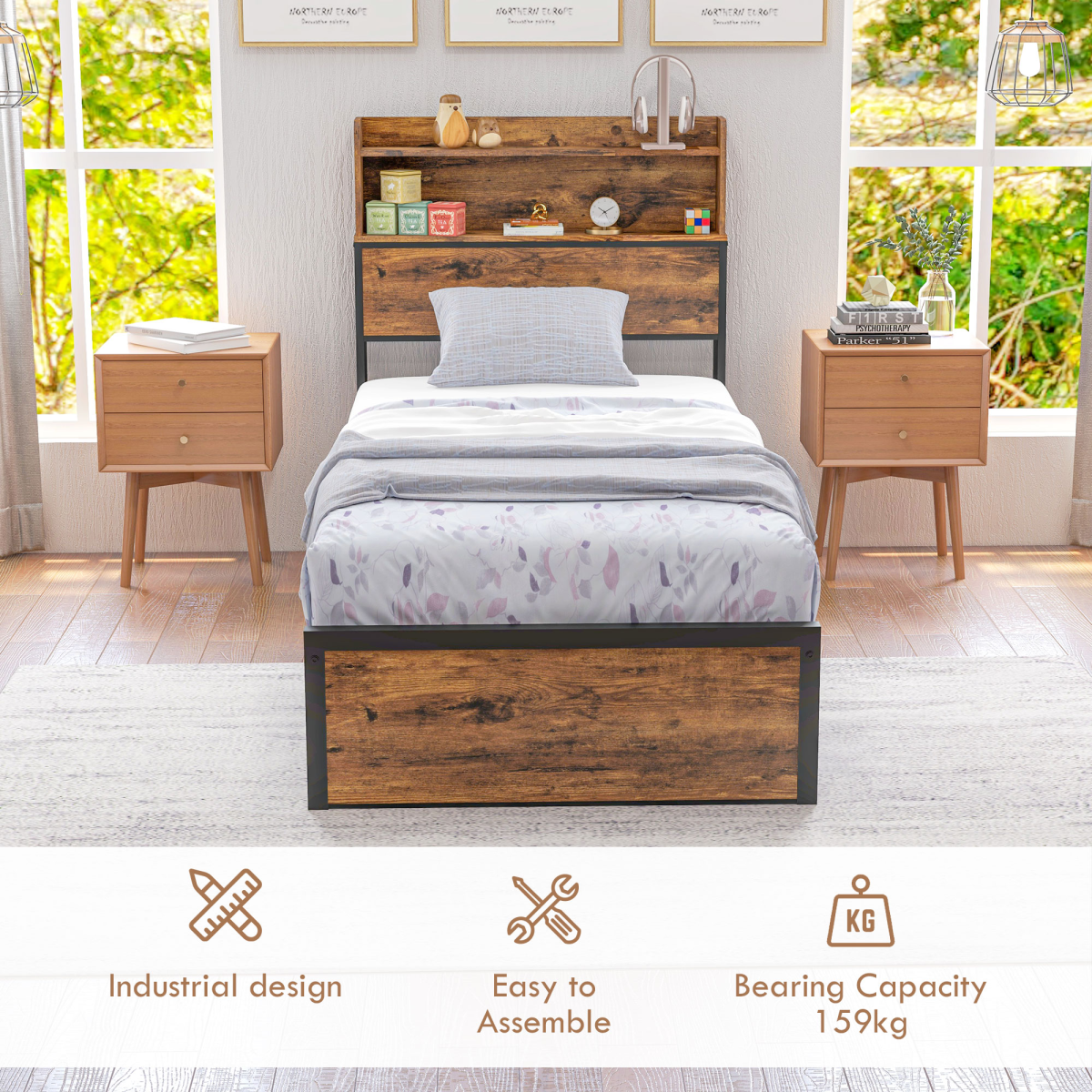 Industrial Chic Single Bed Frame with Storage Headboard & Under-Bed Space