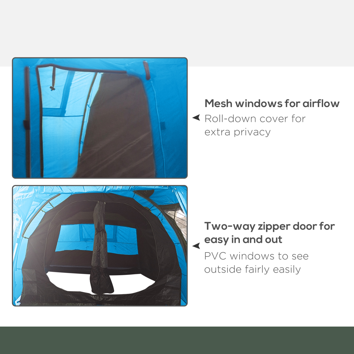 3-4 Person Dual Room Tunnel Tent with Ventilated Windows - Blue