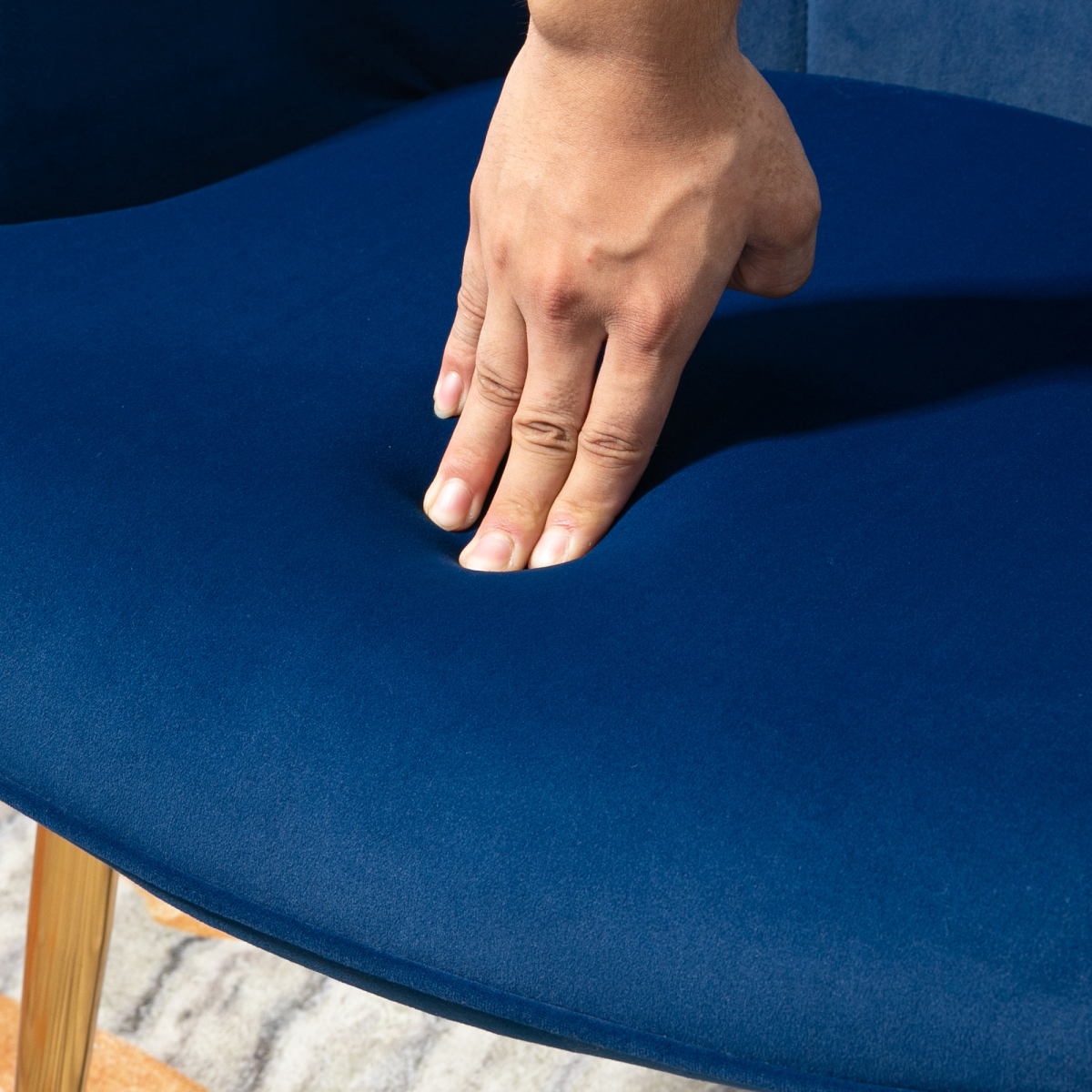 Opulent Velvet Tufted Armchair & Footstool with Gold Legs - Dark Blue