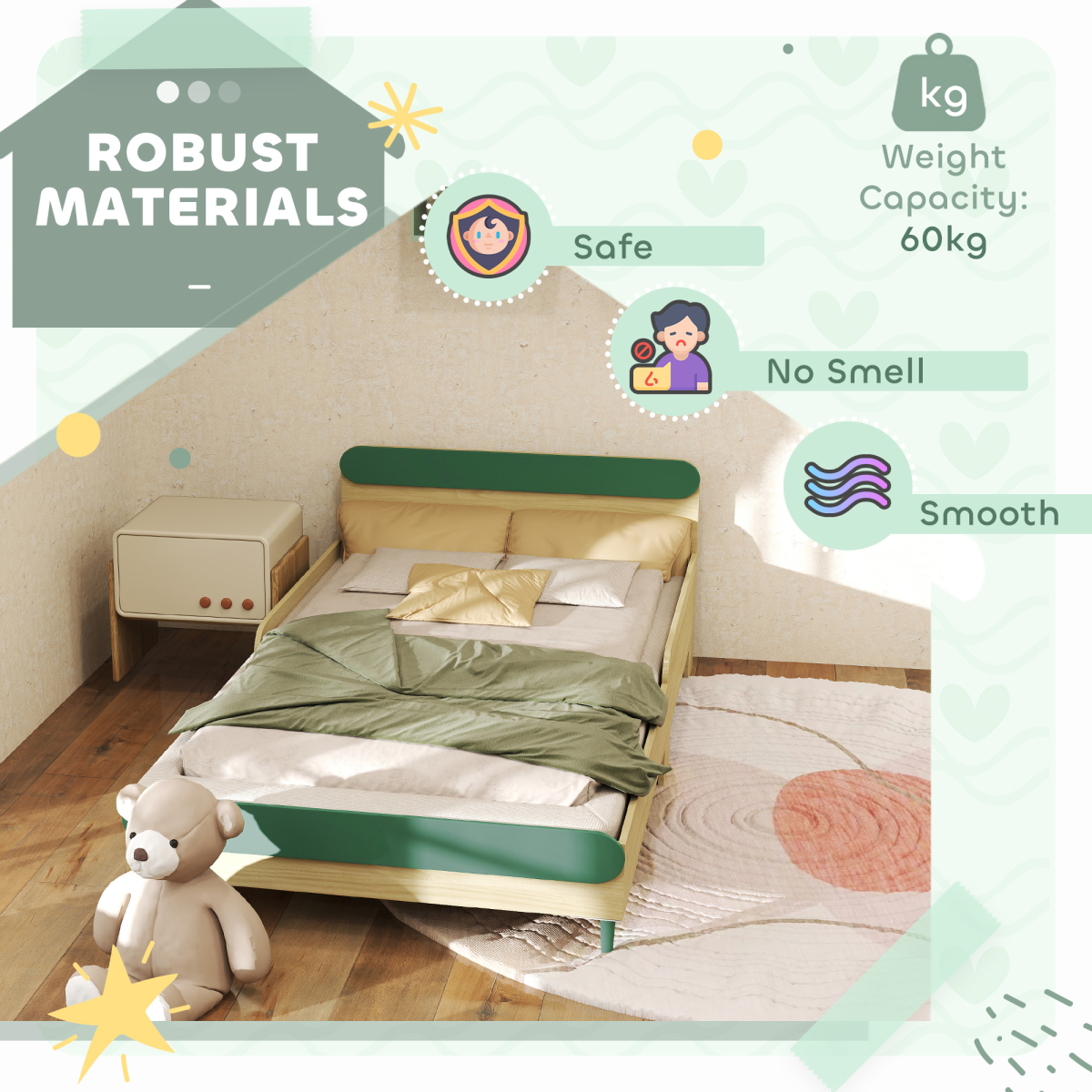 Toddler Bed with Safety Rails - Stylish Green Junior Bed for Kids