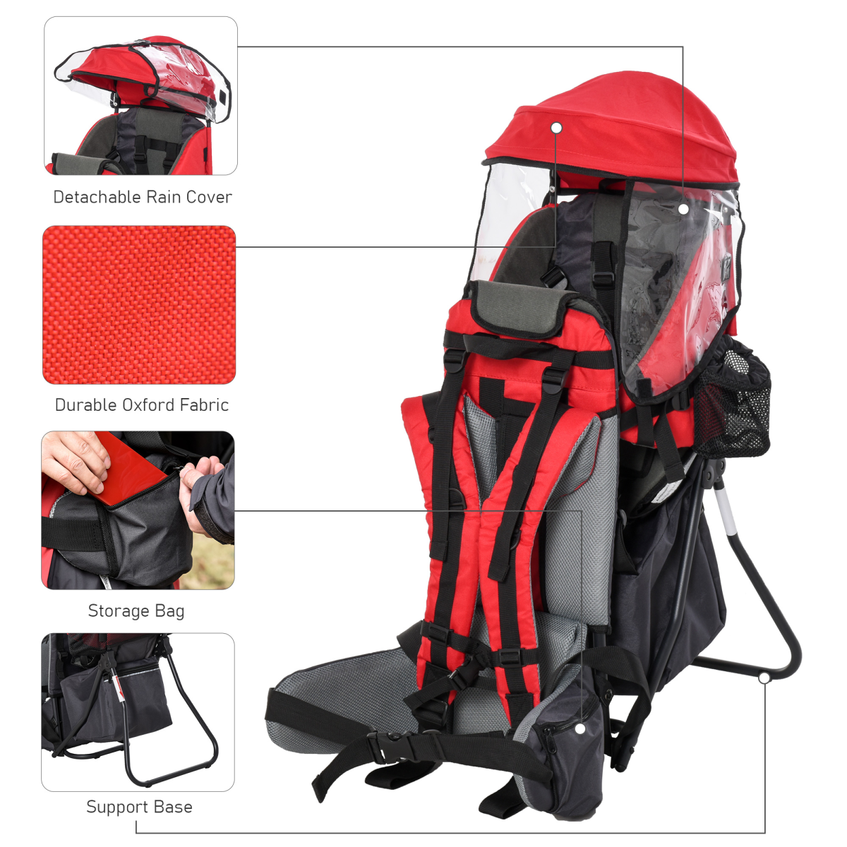 HOMCOM Toddler Hiking Backpack Carrier with Detachable Rain Cover - Red