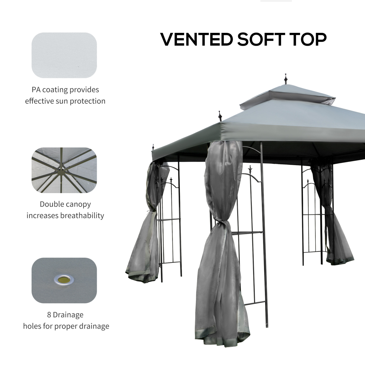 Garden Gazebo Double Top Gazebo Canopy w/ Curtains Grey 3 x 3(m)
