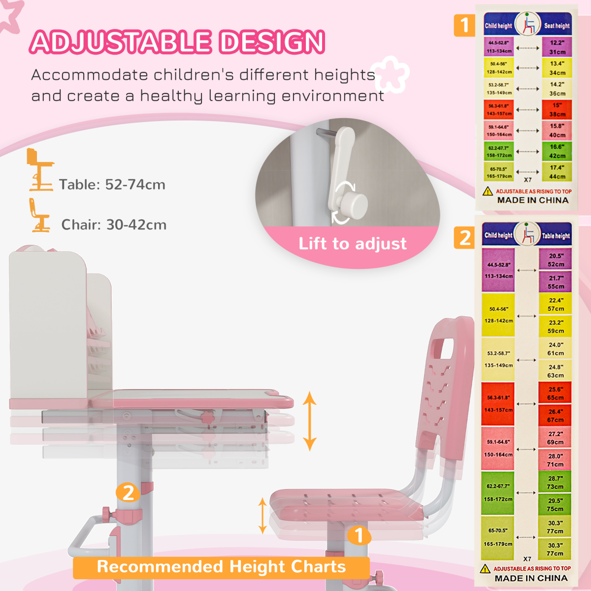 Kids Desk & Chair Set with Bookshelf - Pink, Ages 6-12