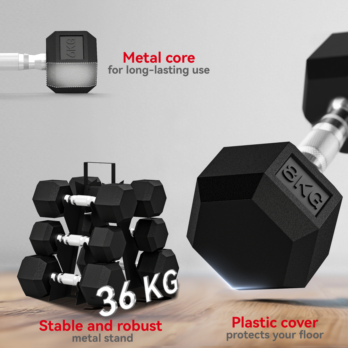 36KG Hex Dumbbell Set with Rack - Versatile Strength & Floor Protection!