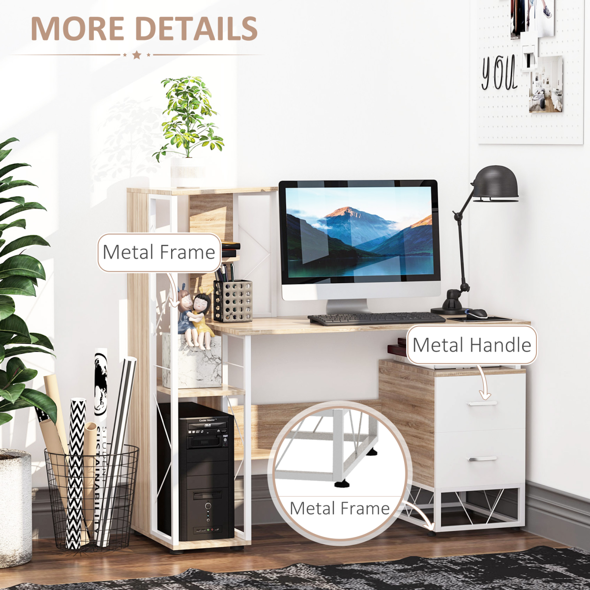 Elegant Oak & White Workstation Desk with 2 Drawers and Multi-Shelf Design