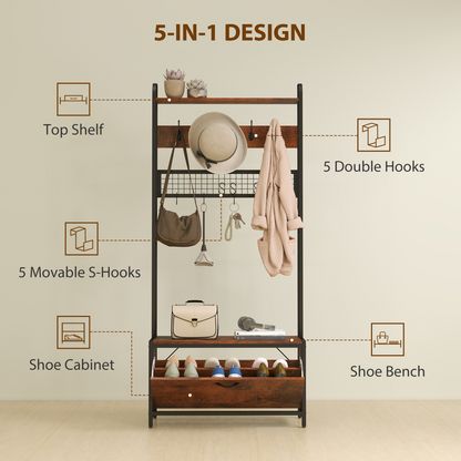 Elegant 5-in-1 Hall Tree & Entryway Bench with Shoe Storage - Rustic Charm