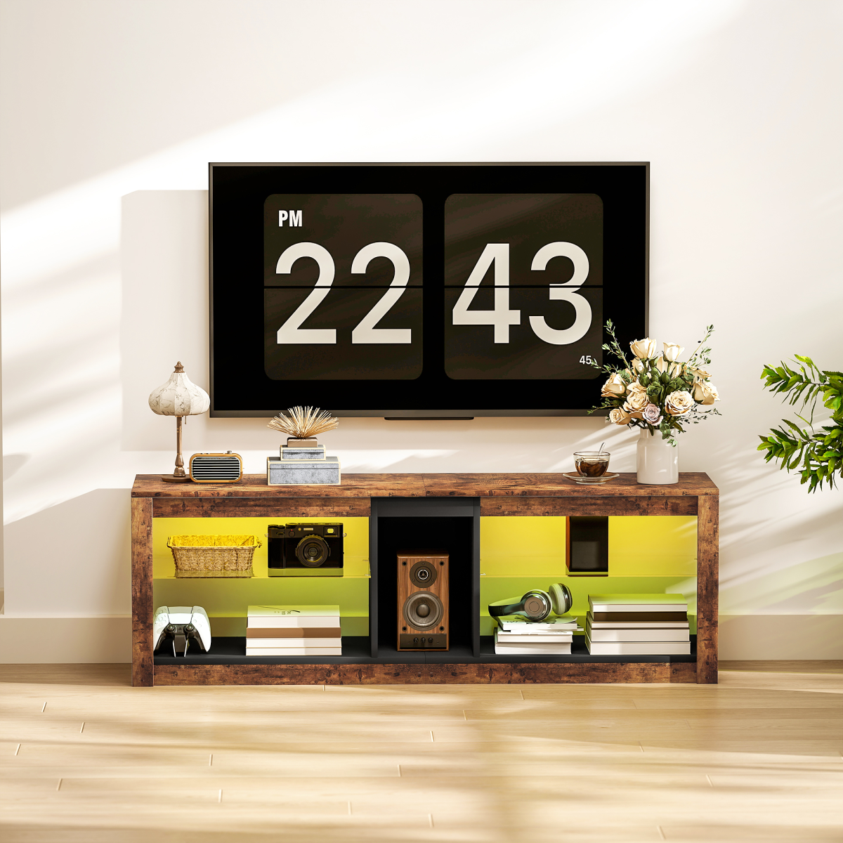 HOMCOM Rustic TV Stand with 7-Color LED Lights, 140cm Top (65in)