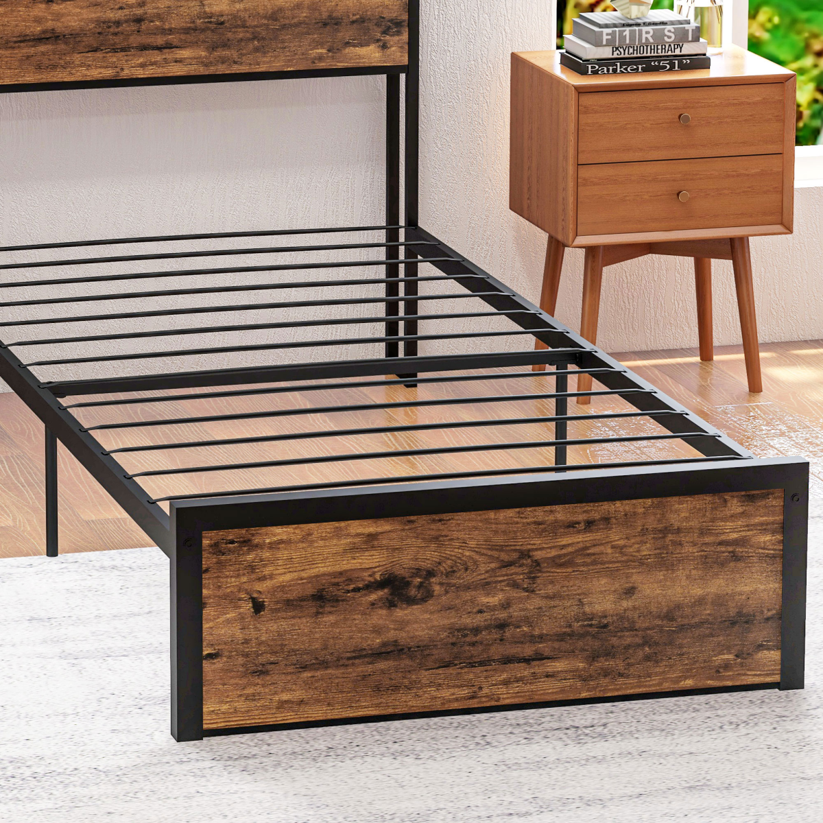 Industrial Chic Single Bed Frame with Storage Headboard & Under-Bed Space