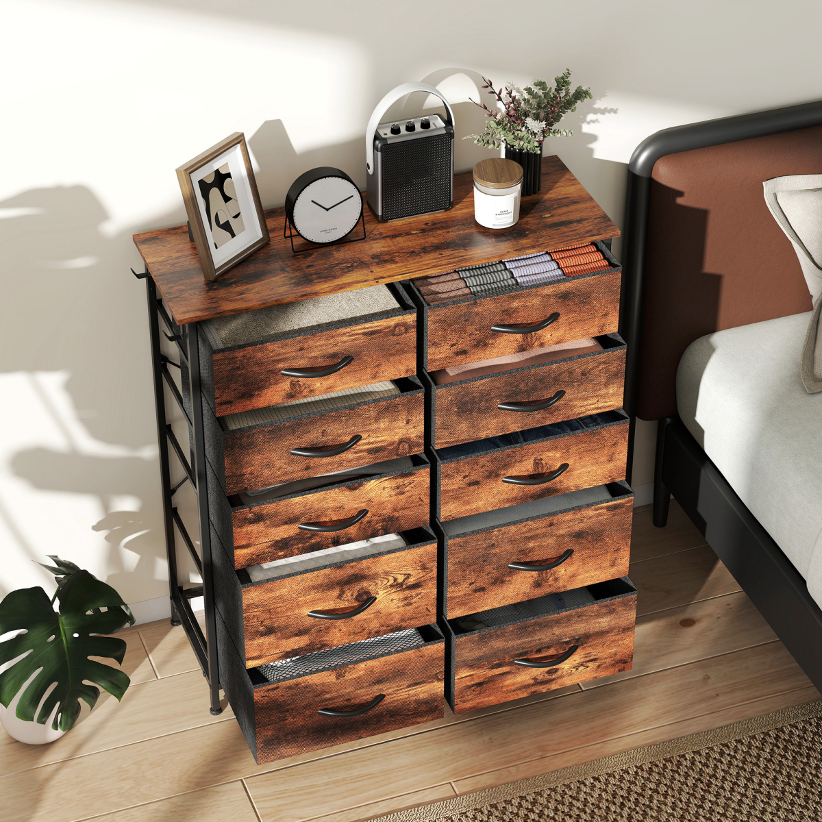 Rustic Wood Storage Chest with Multi-Drawer Organizer and Hooks