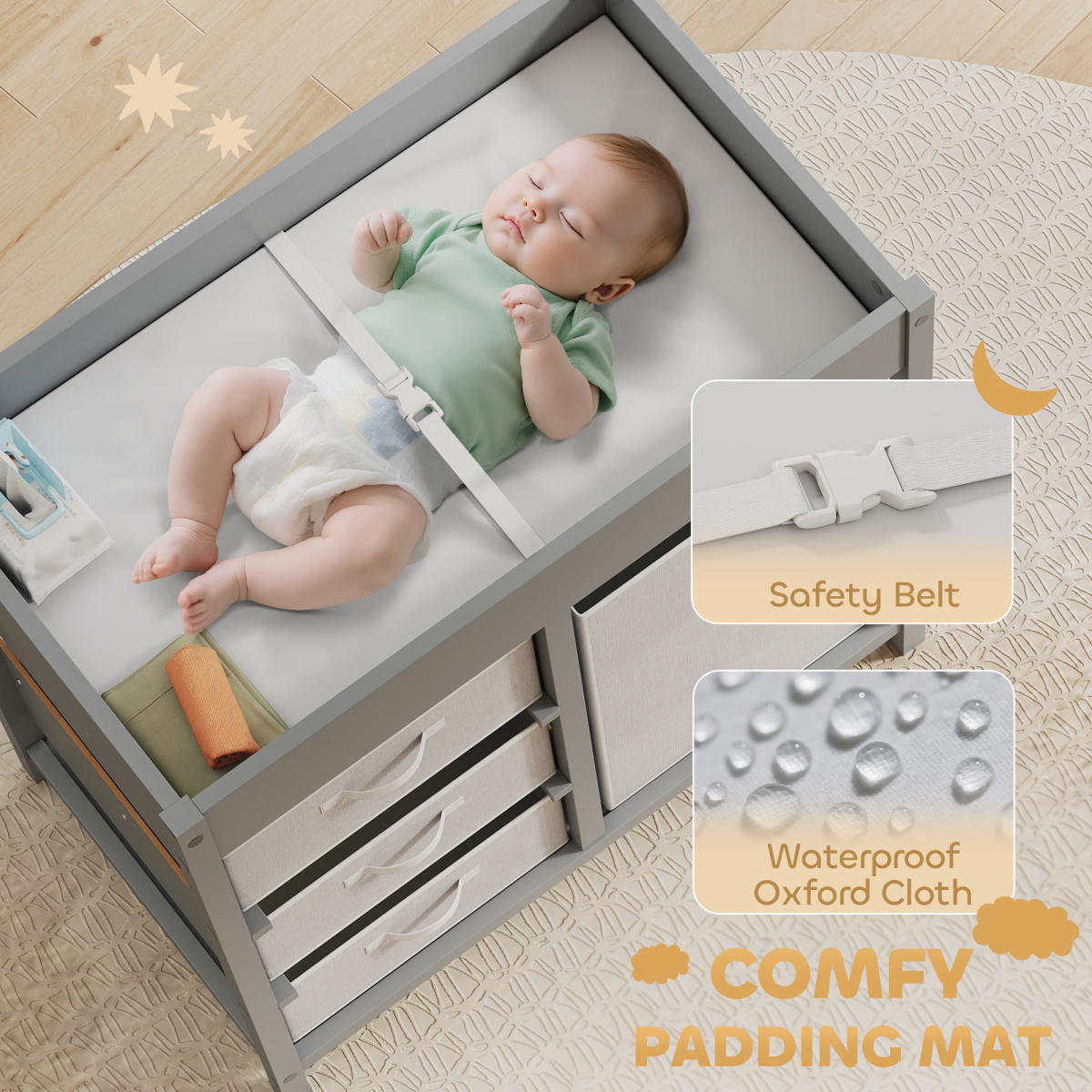 Elegant Grey Baby Changing Table with Storage and Comfort Padding