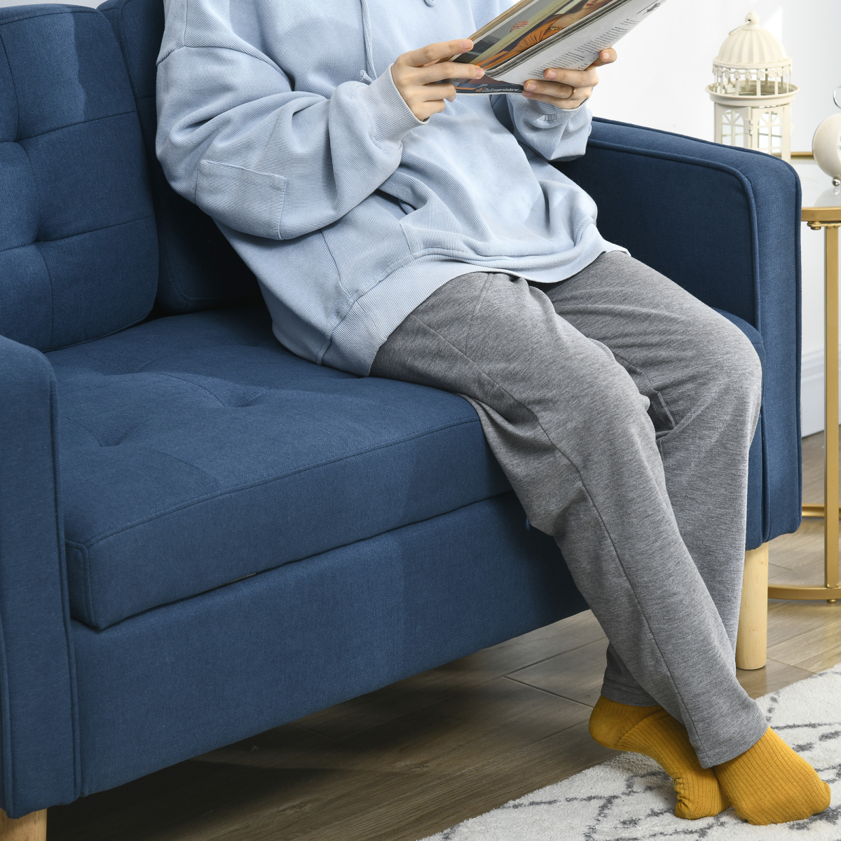 Compact Loveseat Sofa 2 Seater Sofa with Storage and Wood Legs Blue