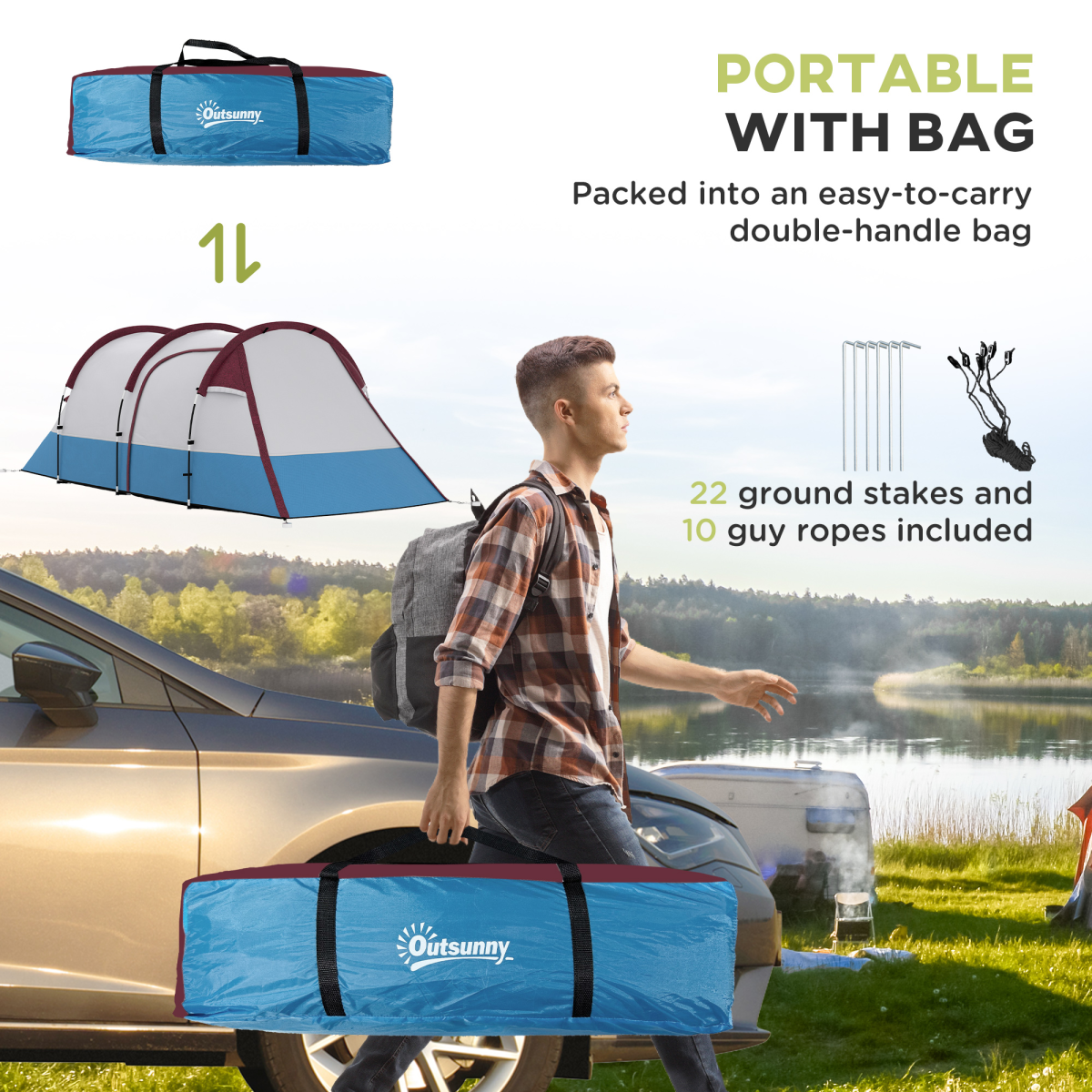 Outsunny 2-3 Person Family Camping Tunnel Tent with Living Room & Porch