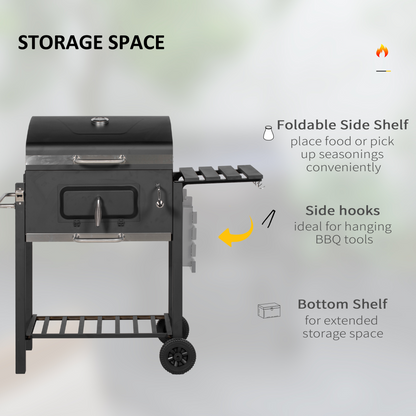 Charcoal Grill BBQ Trolley Wheels Shelf Side Thermometer Steel Black