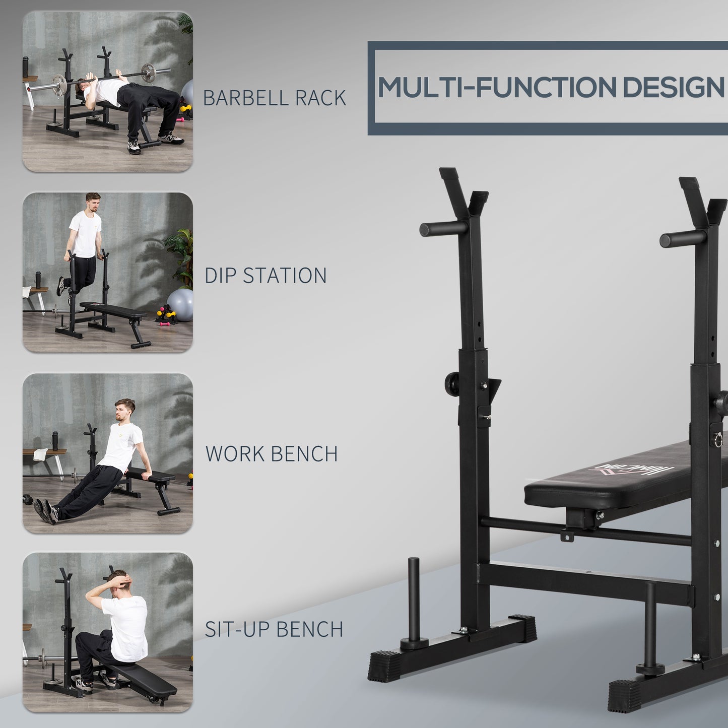 HOMCOM Adjustable Weight Bench with Barbell Rack & Dip Station - Foldable Black