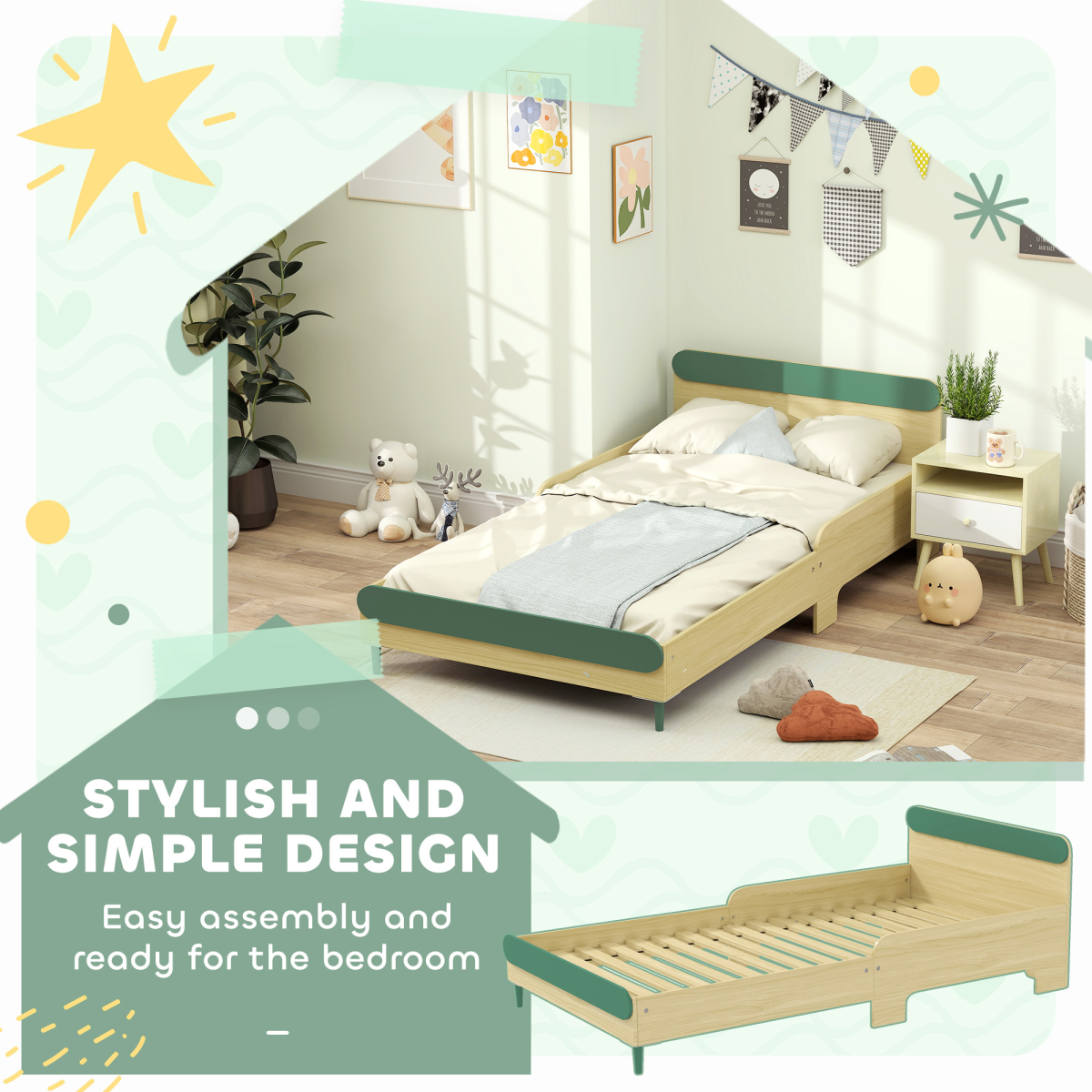Toddler Bed with Safety Rails - Stylish Green Junior Bed for Kids