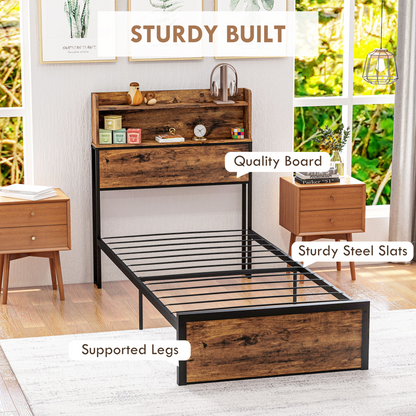 Industrial Chic Single Bed Frame with Storage Headboard & Under-Bed Space