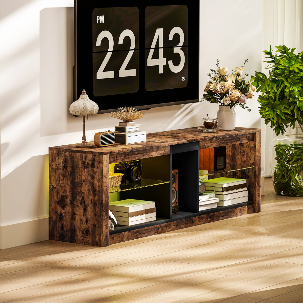 HOMCOM Rustic TV Stand with 7-Color LED Lights, 140cm Top (65in)