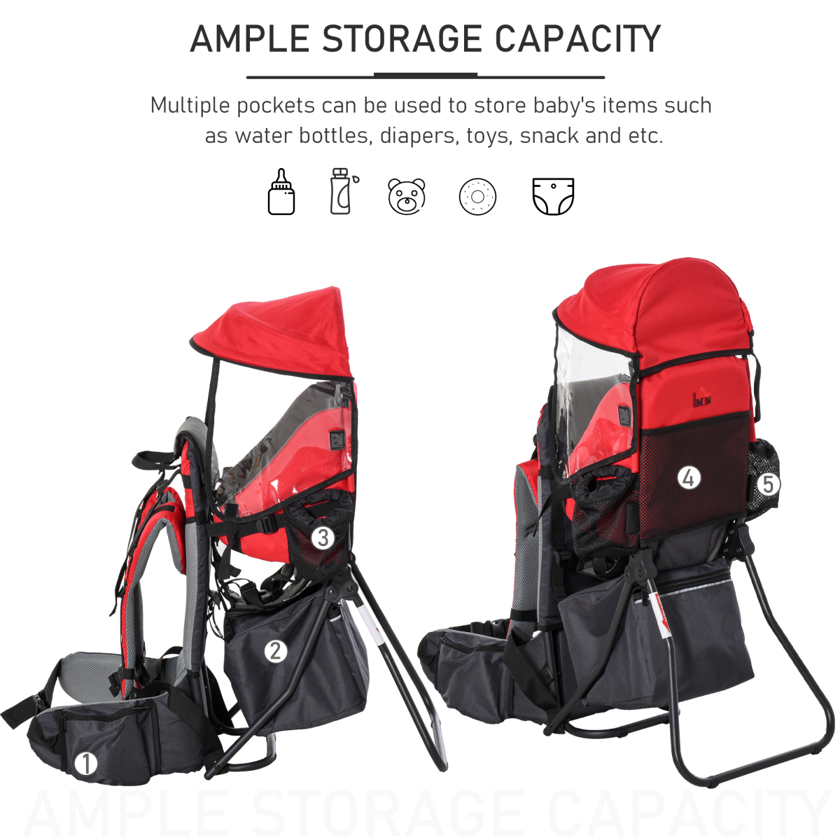 HOMCOM Toddler Hiking Backpack Carrier with Detachable Rain Cover - Red