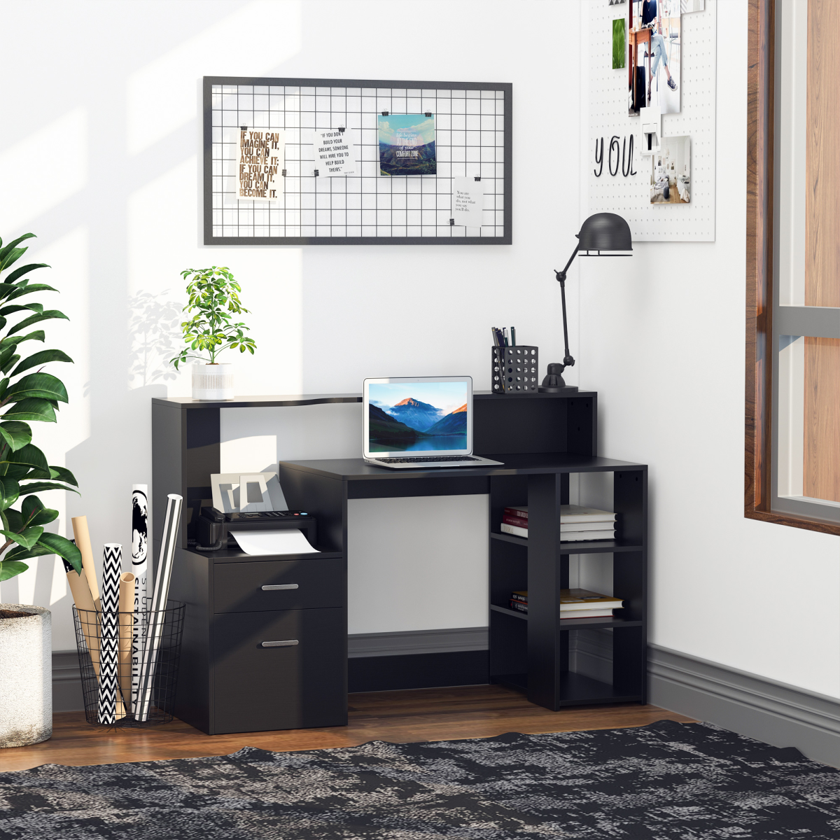 Multi-Storage & Workstation Desk Table Storage Shelves  Office Black
