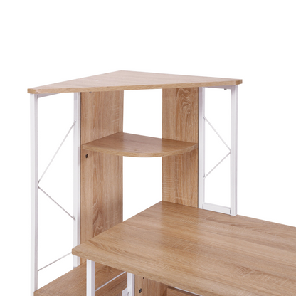 Elegant Oak & White Workstation Desk with 2 Drawers and Multi-Shelf Design