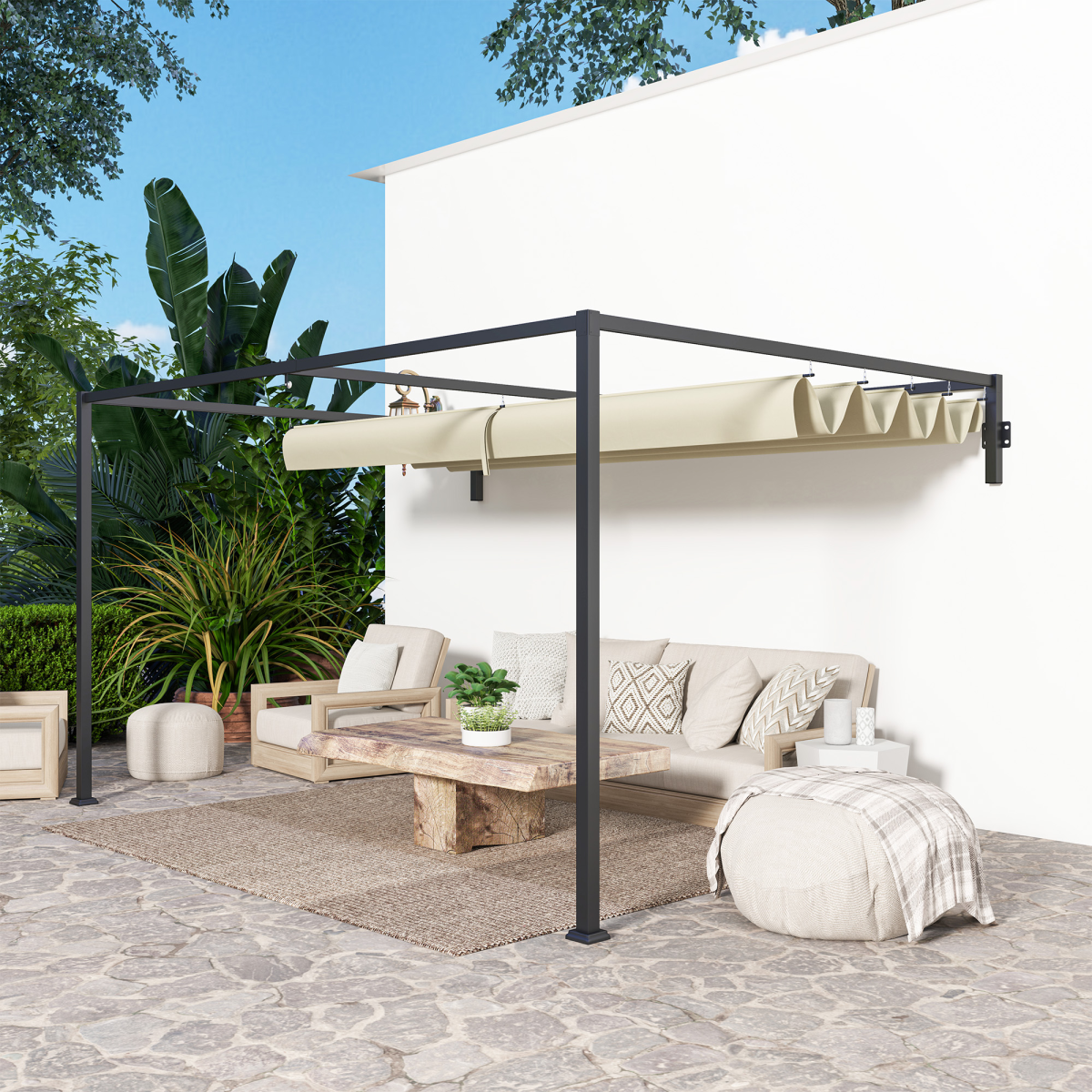 Wall Mounted Pergola with Retractable Roof, Khaki 3 x 4m