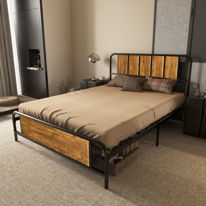 Industrial Steel Double Bed Frame with Headboard - Space-Saving Vintage Style