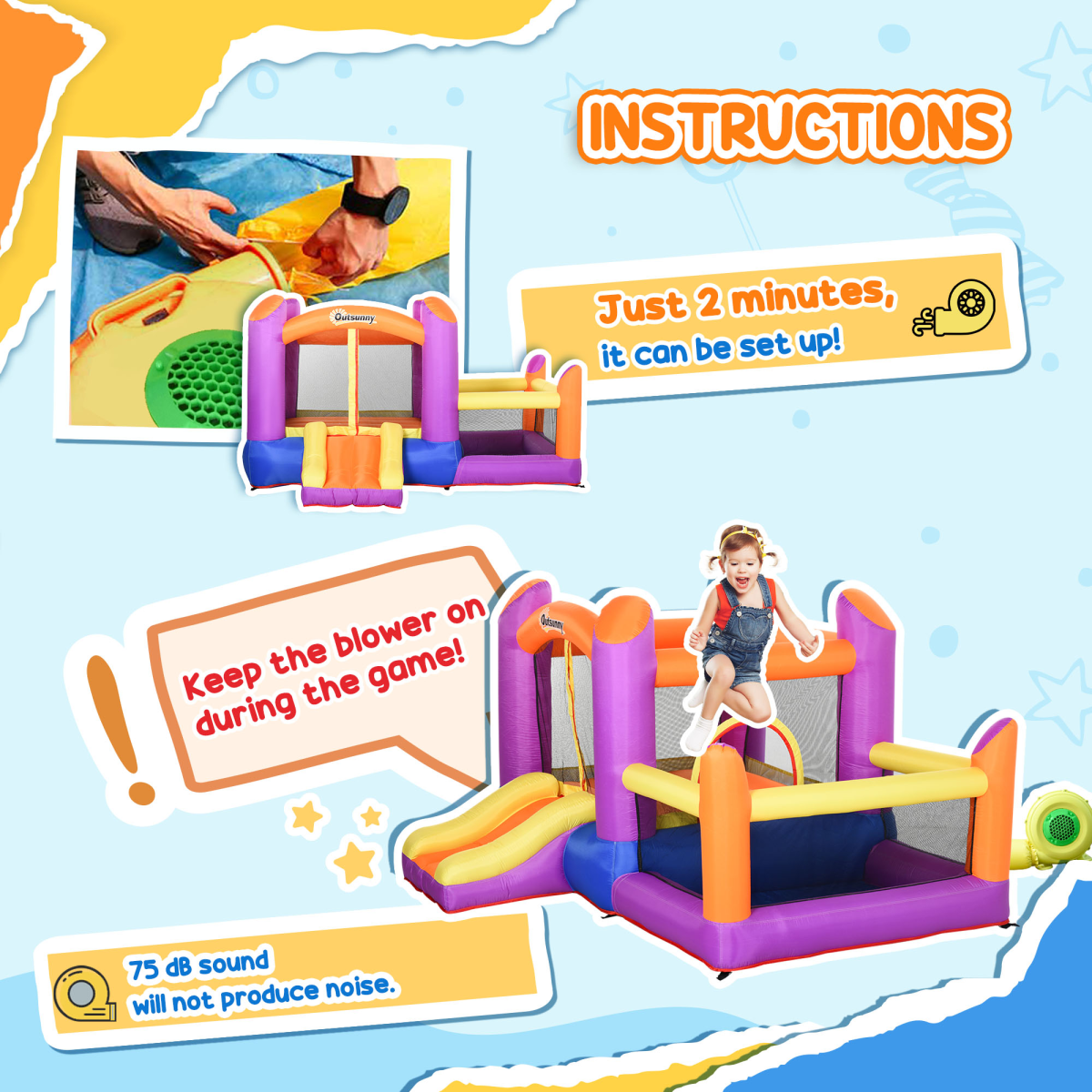 Bouncy Castle with Slide Pool House Inflatable w/ Blower Multi-color