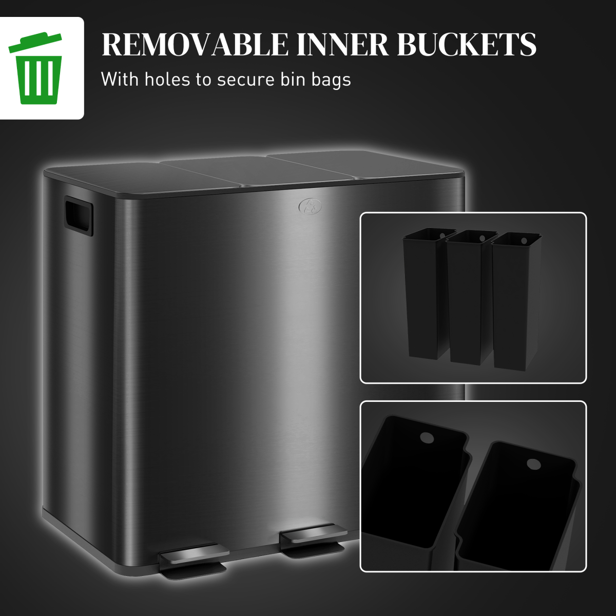 HOMCOM 3 x 15L Triple Kitchen Bin Pedal - Stainless Steel, Black