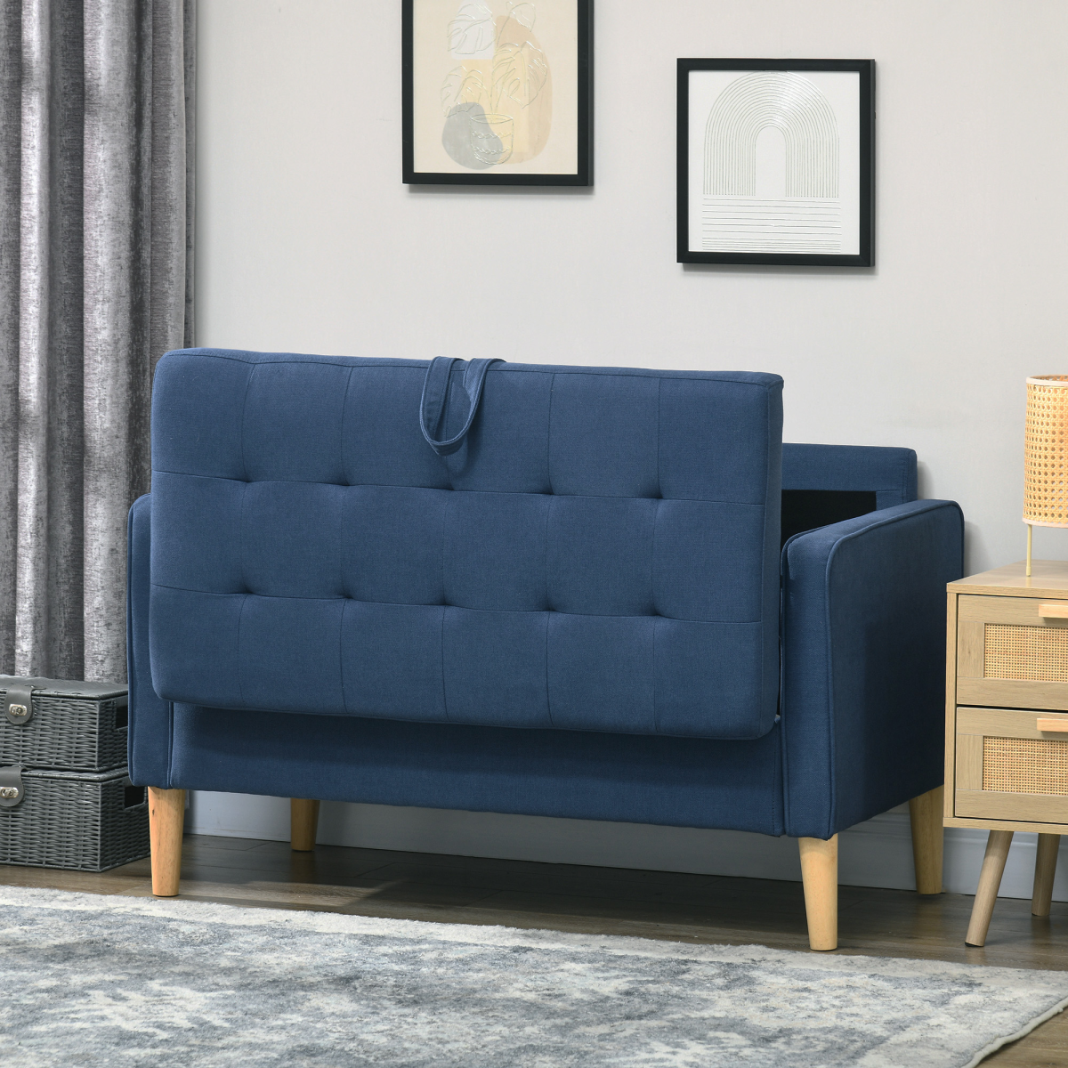 Compact Loveseat Sofa 2 Seater Sofa with Storage and Wood Legs Blue