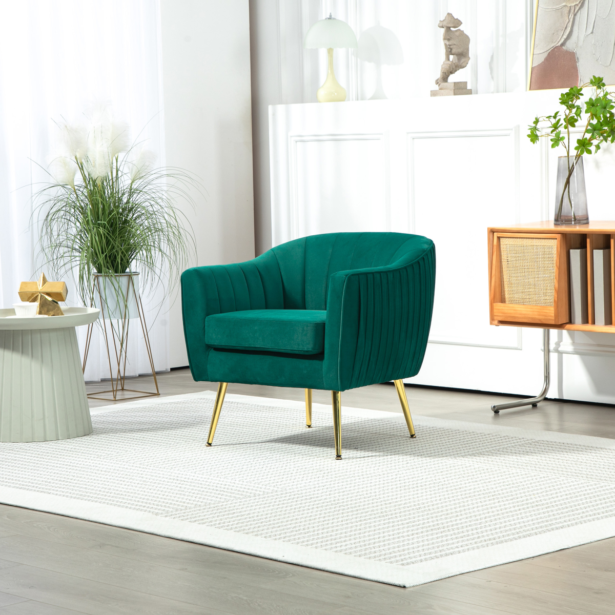 Fabric Single Sofa Arm Chair Upholstered Flocking Wood Leg Living Room Furniture