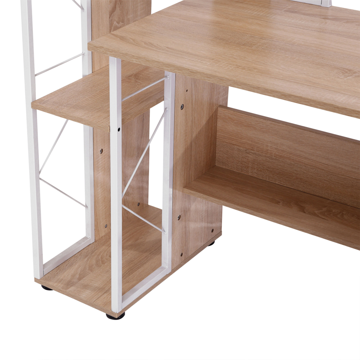 Elegant Oak & White Workstation Desk with 2 Drawers and Multi-Shelf Design