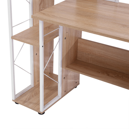 Elegant Oak & White Workstation Desk with 2 Drawers and Multi-Shelf Design