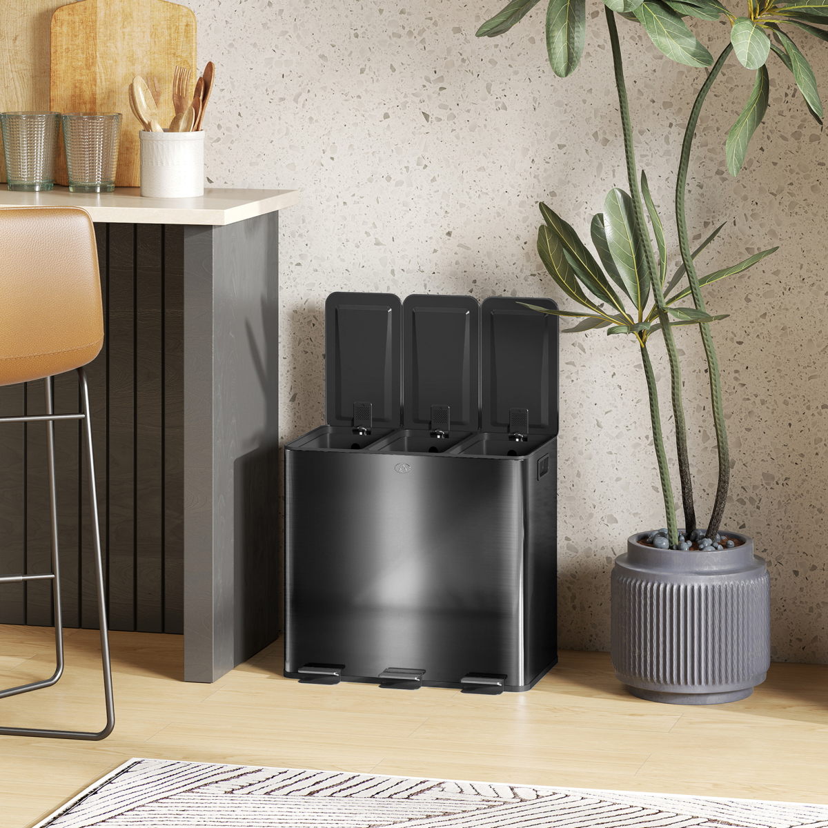 HOMCOM 3 x 15L Triple Kitchen Bin Pedal - Stainless Steel, Black