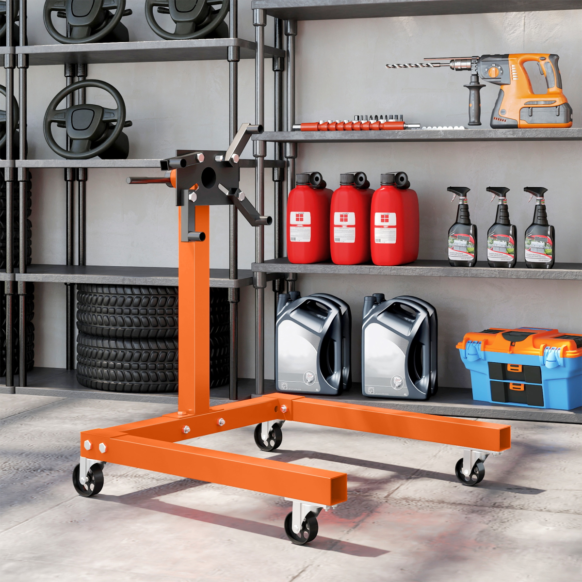 570kg Heavy-Duty Rotating Engine Stand with Adjustable Head - Orange