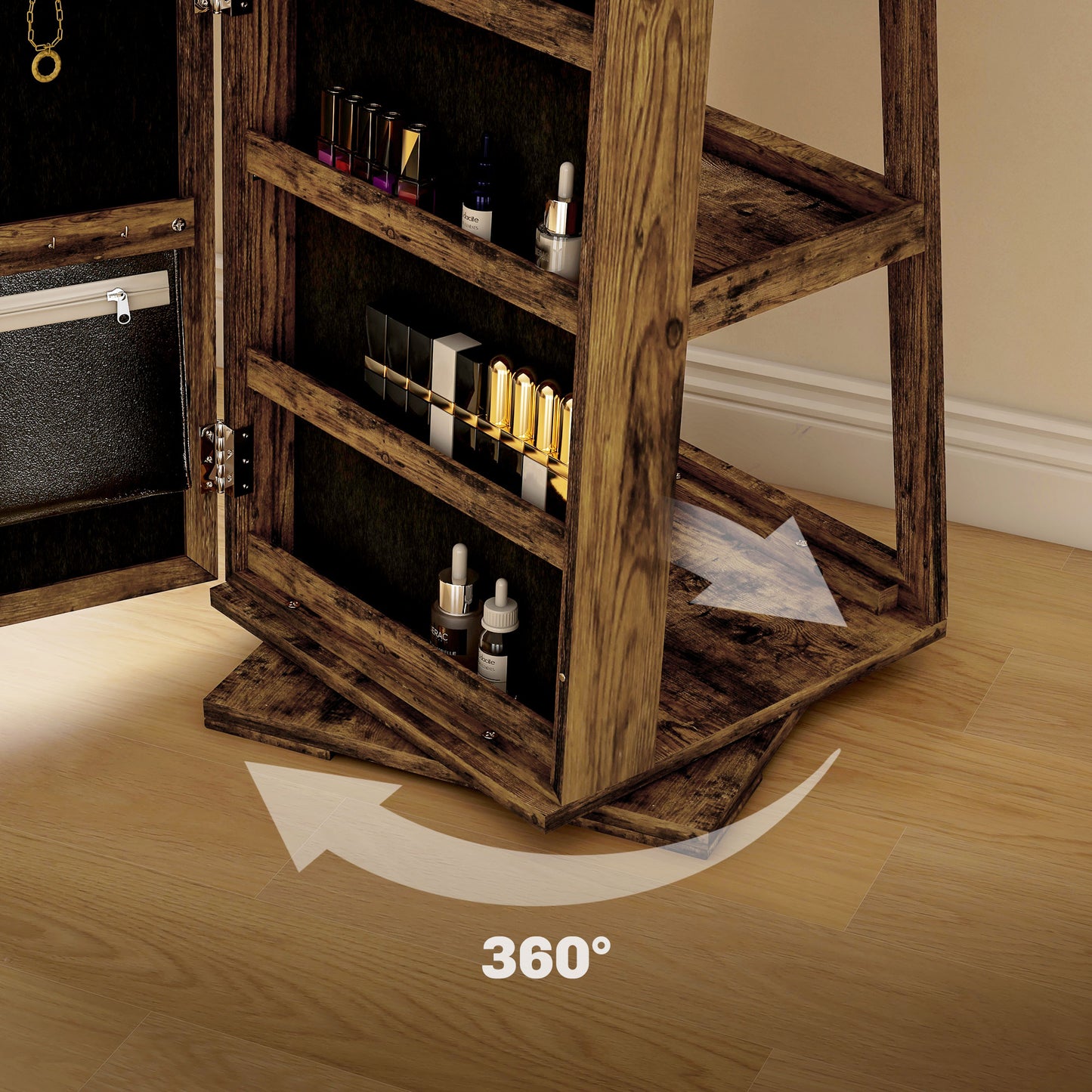 Jewelry Cabinet Full Length Mirror Swivel Lockable Jewelry Organiser