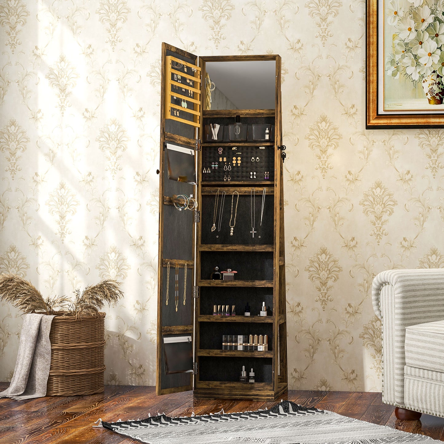 Jewelry Cabinet Full Length Mirror Swivel Lockable Jewelry Organiser