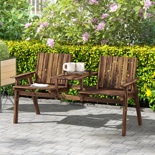 Dual-Seater Wooden Garden Bench with Central Table & Parasol Hole