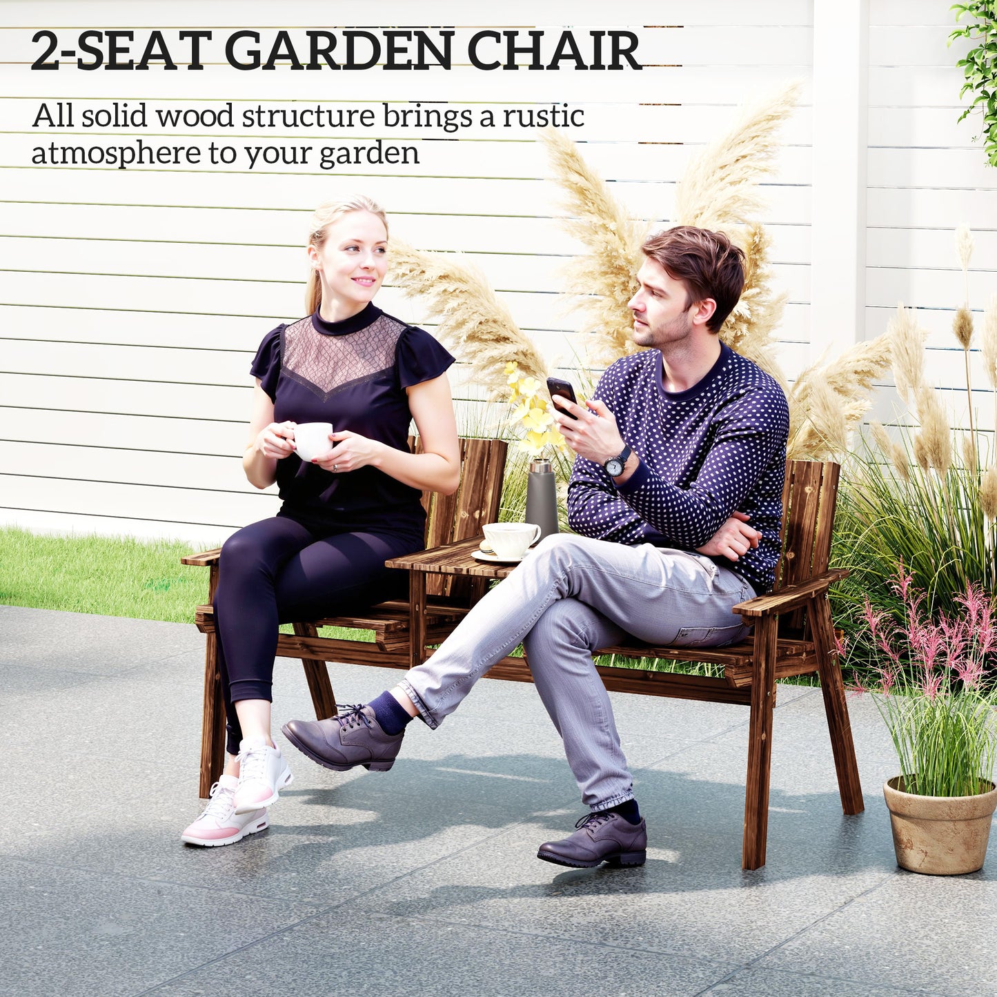 Dual-Seater Wooden Garden Bench with Central Table & Parasol Hole