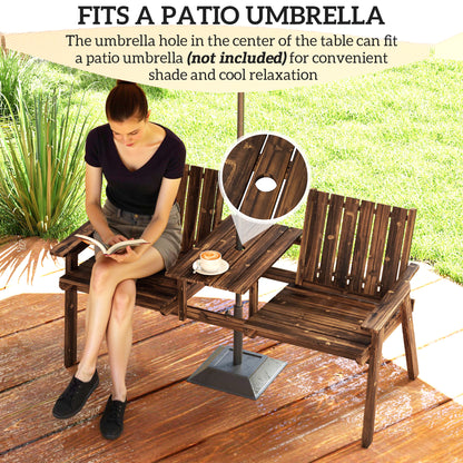 Dual-Seater Wooden Garden Bench with Central Table & Parasol Hole