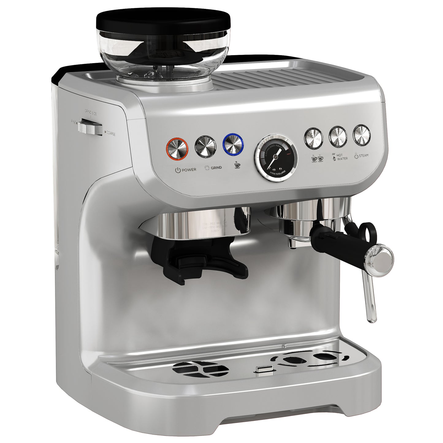 Espresso Machine, Bean Grinder & Steam Wand, 15 Bar Pressure, Silver.