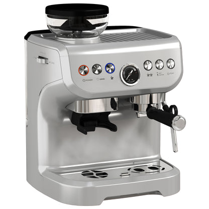 Espresso Machine, Bean Grinder & Steam Wand, 15 Bar Pressure, Silver.