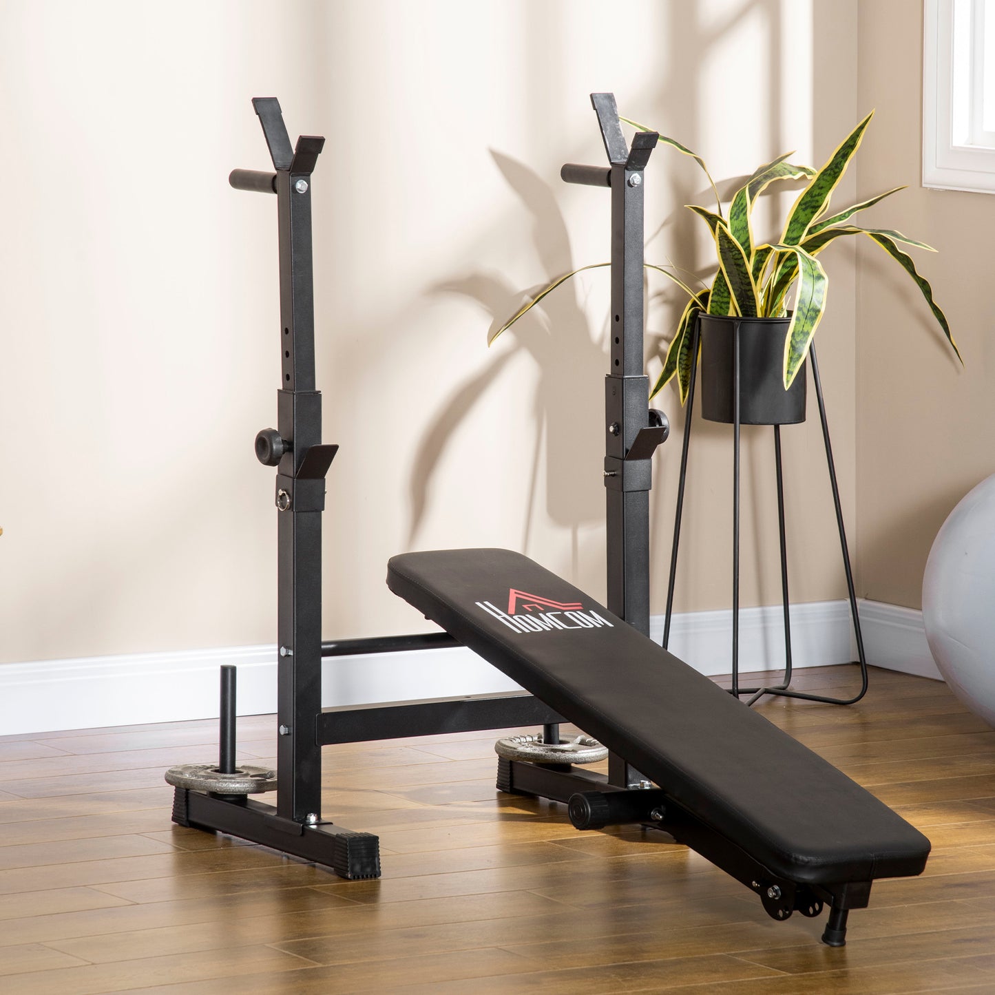 HOMCOM Adjustable Weight Bench with Barbell Rack & Dip Station - Foldable Black