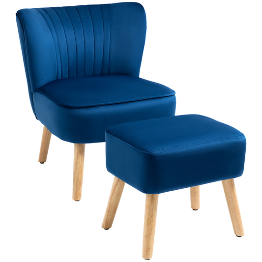 Luxurious Velvet Accent Chair & Ottoman Set - Dark Blue Comfort Redefined!