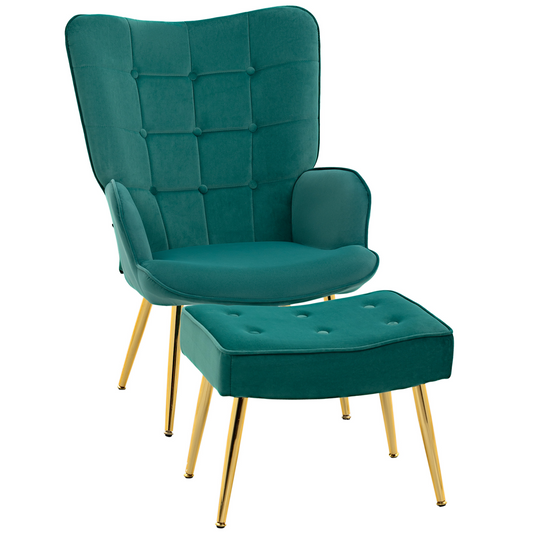 Button Tufted Armchair with Footstool and Gold Tone Steel Legs Dark Green