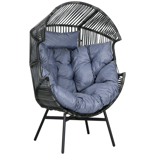 Rattan Leisure Chair with Cushion, Garden Egg Chair with Headrest, Grey